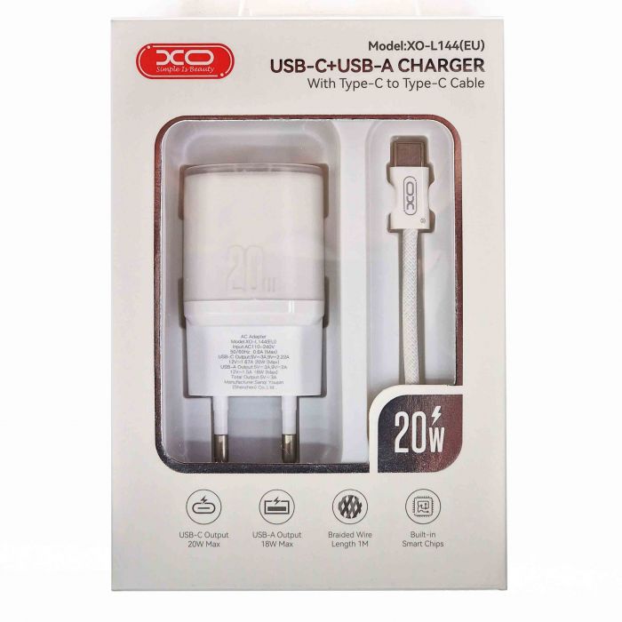 Set încărcător XO (bloc + cablu) - 20W Type-C + 18W USB