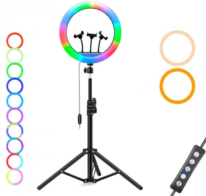 Кольцевая лампа RGB полноцветная 56см с подставками для телефона